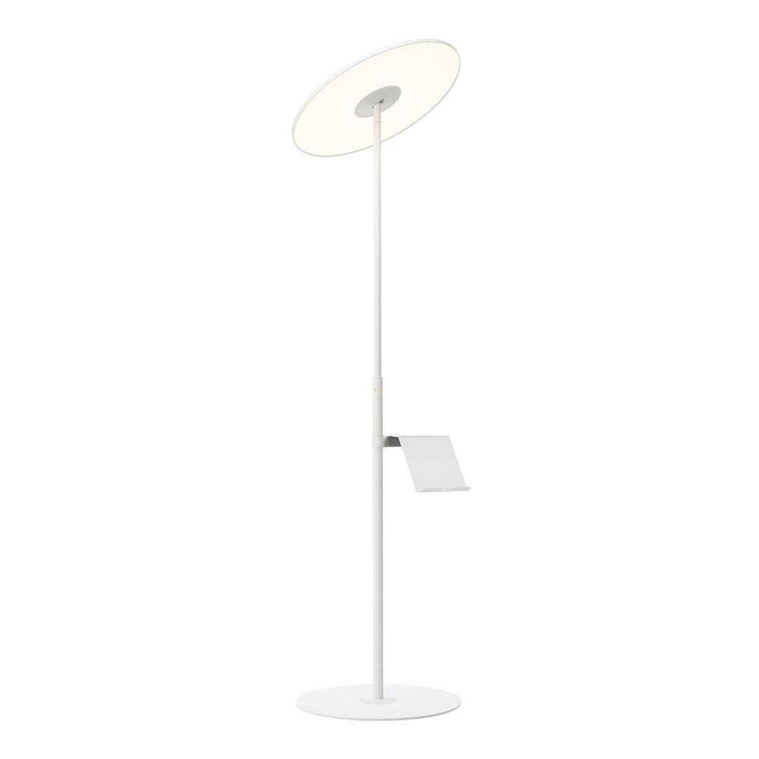 White modern floor lamp with a circular shade and minimalist design, featuring a sleek base and subtle color accents.