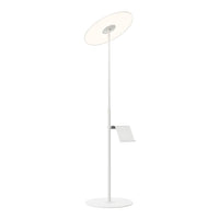 White modern floor lamp with a circular shade and minimalist design, featuring a sleek base and subtle color accents.