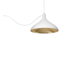 Modern pendant lamp in sleek white exterior with a glossy gold interior, perfect for stylish lighting accents.