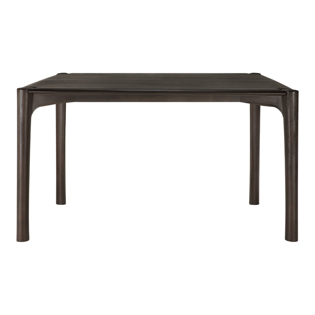 Dark wooden table with a smooth surface and rounded corners, featuring a rich, deep brown finish.