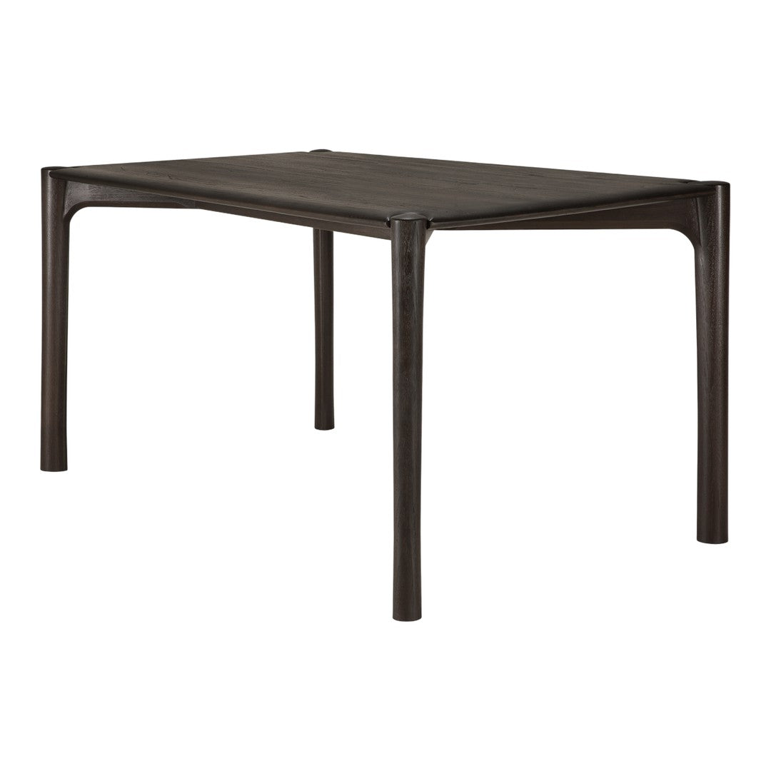 Dark brown wooden table with smooth, sleek surface and tapered legs, showcasing minimalist design and natural texture.