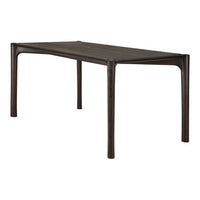Sleek, dark wood dining table with a smooth surface and rounded corners, showcasing a modern minimalist design.