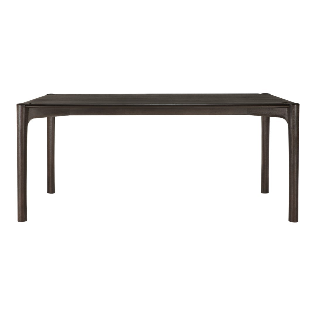 Dark brown rectangular dining table with smooth, minimalist design and rounded edges.
