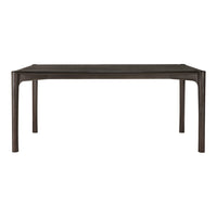 Dark brown rectangular dining table with smooth, minimalist design and rounded edges.