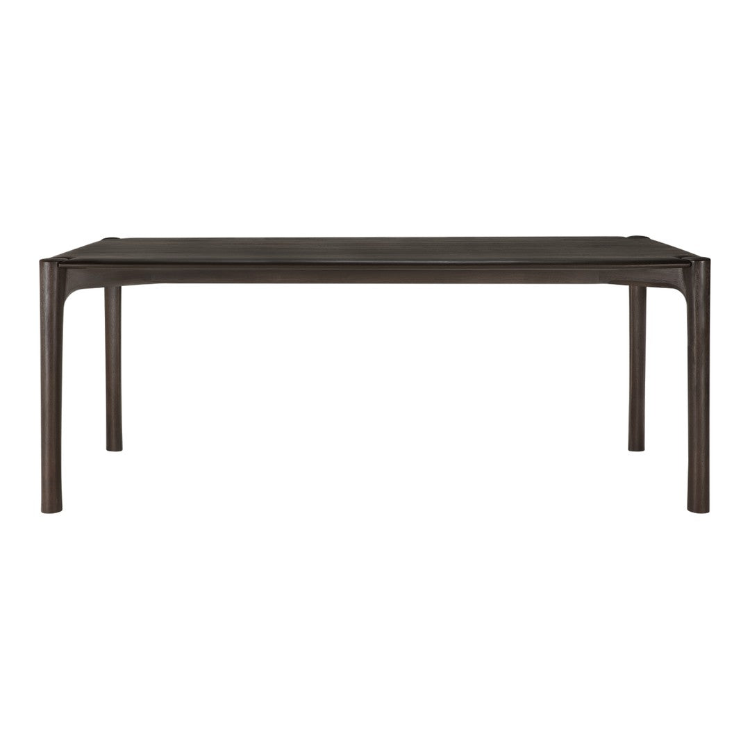 Dark brown rectangular dining table with sleek, minimal design and smooth surface. Ideal for modern decor.