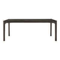 Dark brown rectangular dining table with sleek, minimal design and smooth surface. Ideal for modern decor.