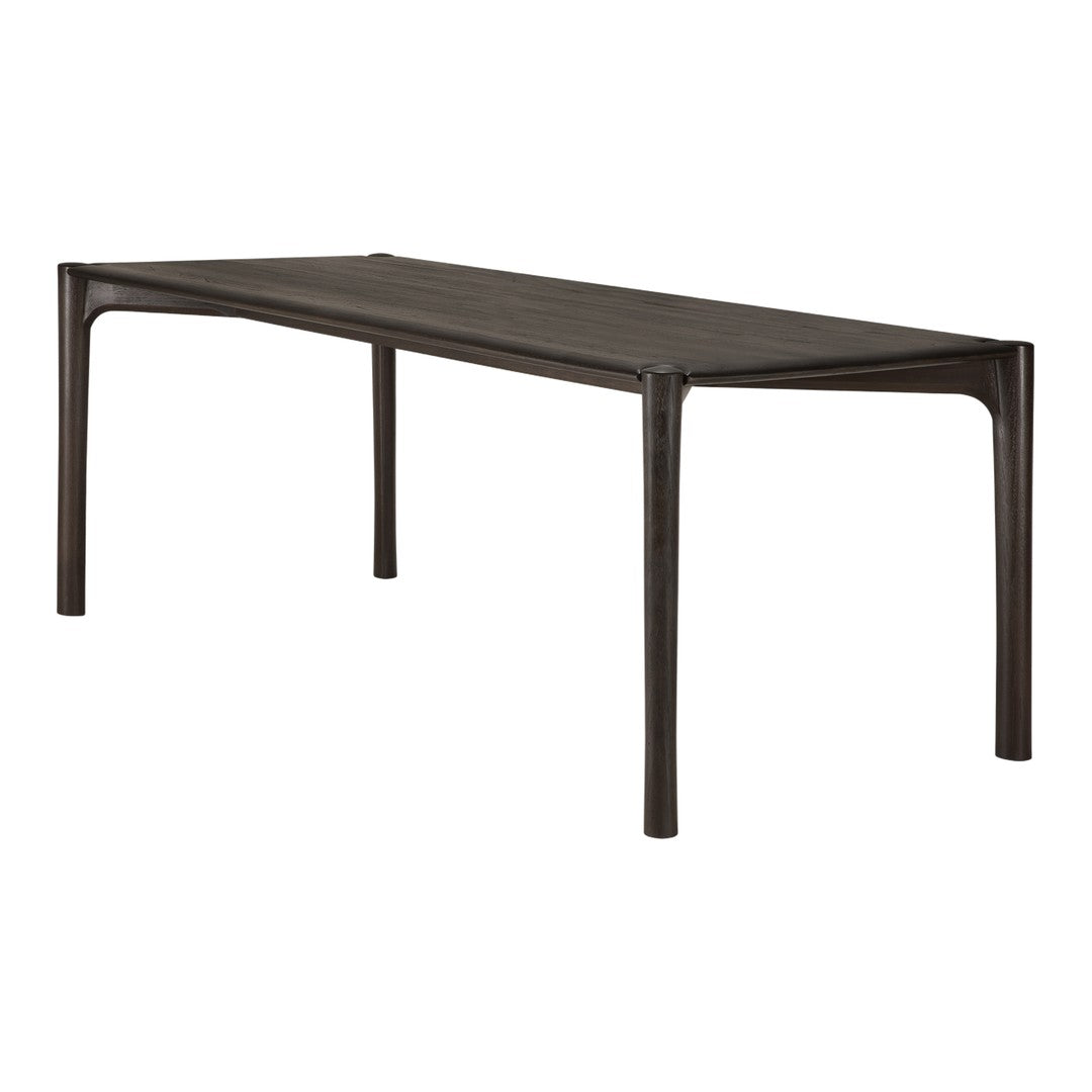 Dark wood dining table with a smooth finish and sleek, minimalist design. Modern and elegant, perfect for any decor.