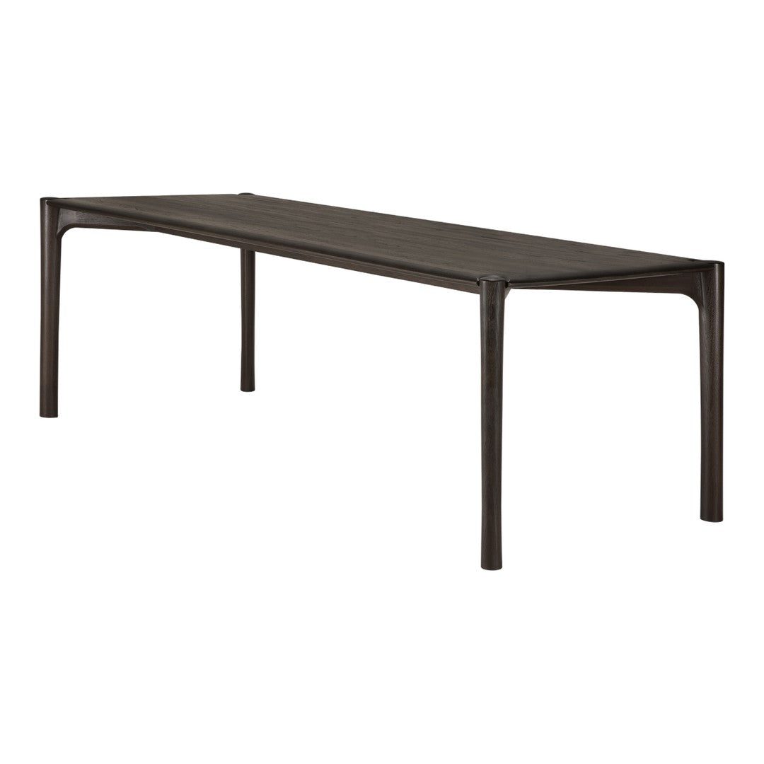 Dark brown rectangular table with a smooth surface and curved legs for a modern, minimalist look.