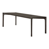 Dark brown rectangular table with a smooth surface and curved legs for a modern, minimalist look.