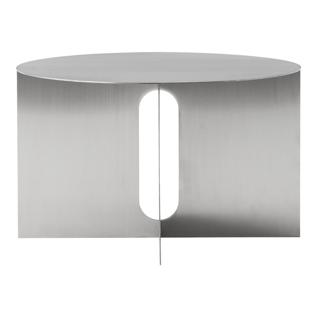 Sleek stainless steel table with a smooth, brushed finish and a unique cutout pattern for modern decor.