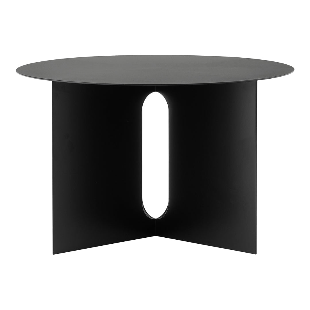 Round black side table with a minimalist design and a unique cutout pattern. Perfect for modern decor.