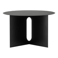 Round black side table with a minimalist design and a unique cutout pattern. Perfect for modern decor.