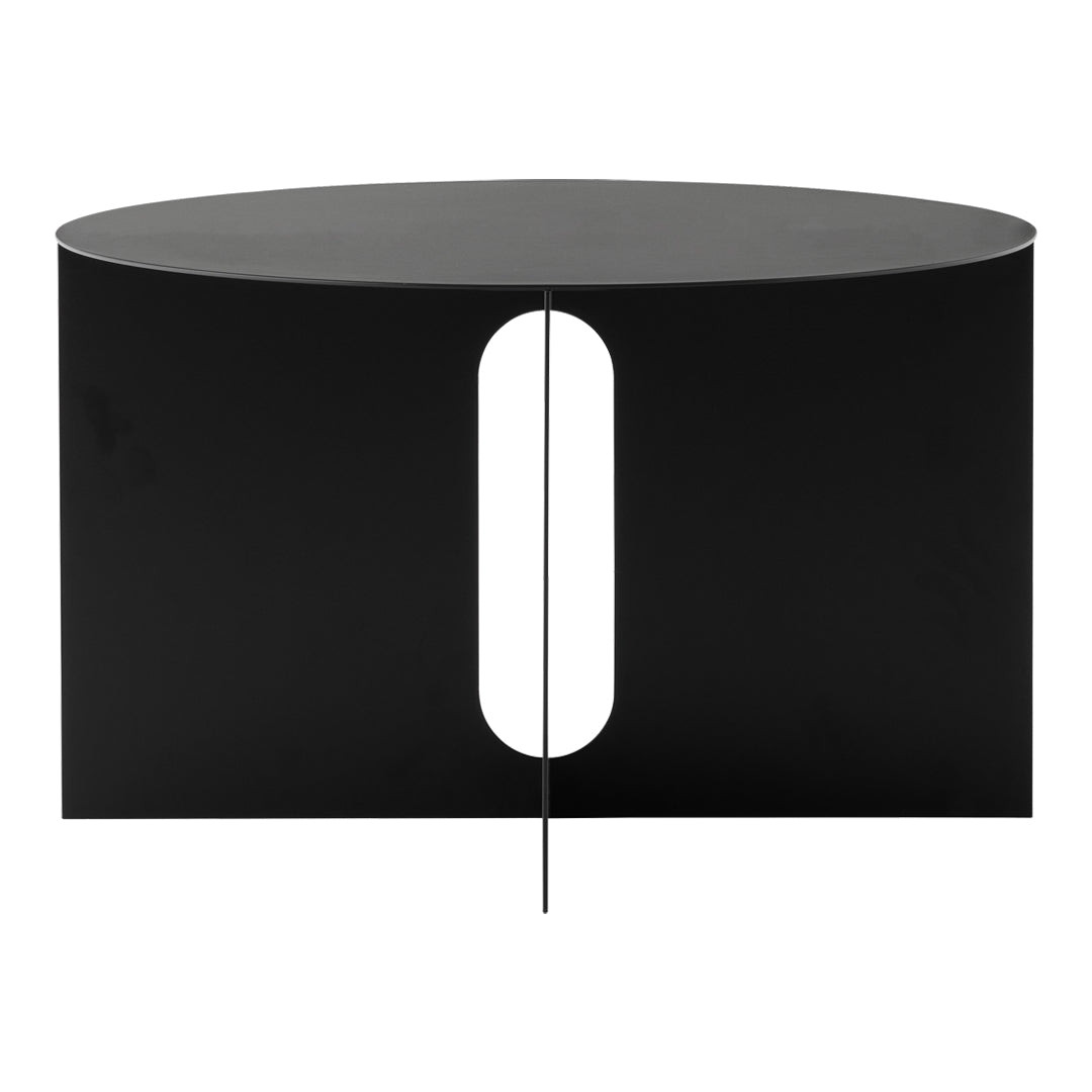 Black oval coffee table with a unique cutout pattern, featuring a minimalist design and sleek finish.