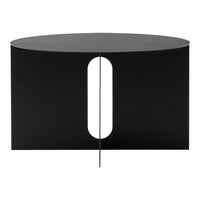 Black oval coffee table with a unique cutout pattern, featuring a minimalist design and sleek finish.