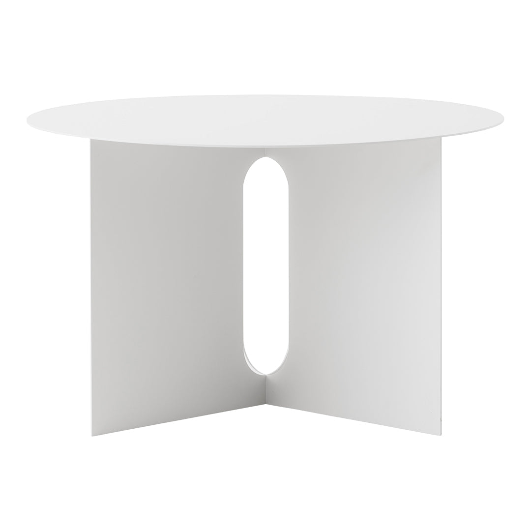Minimalist round white table with a unique cutout design. Smooth finish and sleek modern aesthetics.