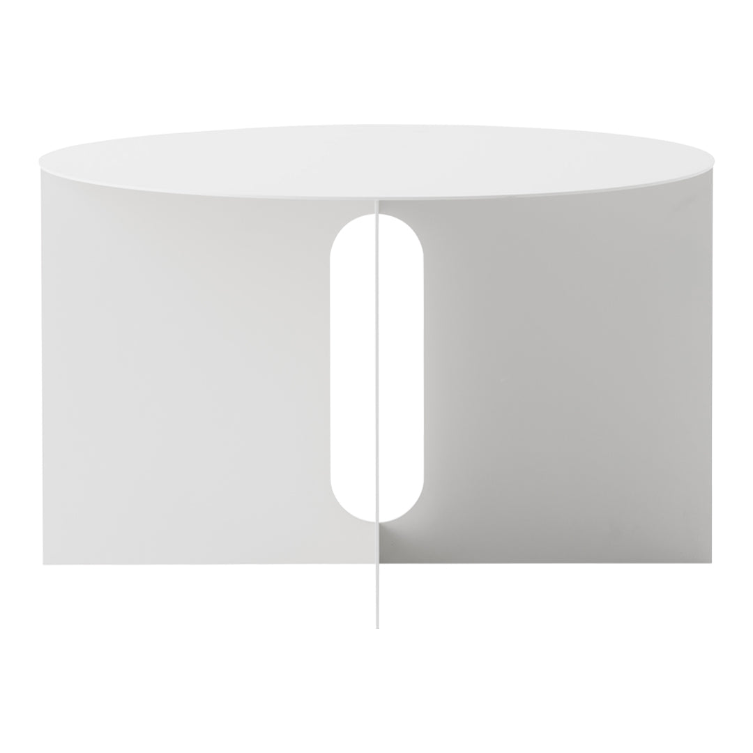 Stylish white round coffee table with a unique cutout design, adding a modern touch to any space.