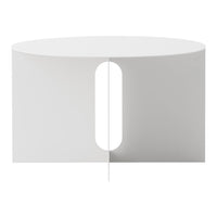 Stylish white round coffee table with a unique cutout design, adding a modern touch to any space.