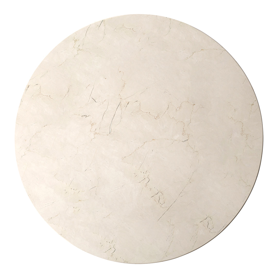 Round stone surface in cream color with subtle veining and a smooth, matte finish. Perfect for modern decor.