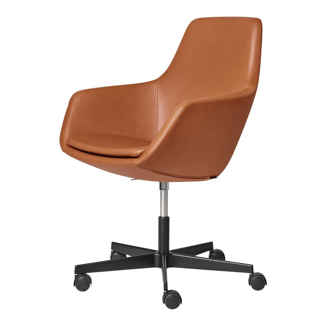 Brown leather swivel chair with a sleek, modern design and black rolling base. Perfect for stylish office decor.