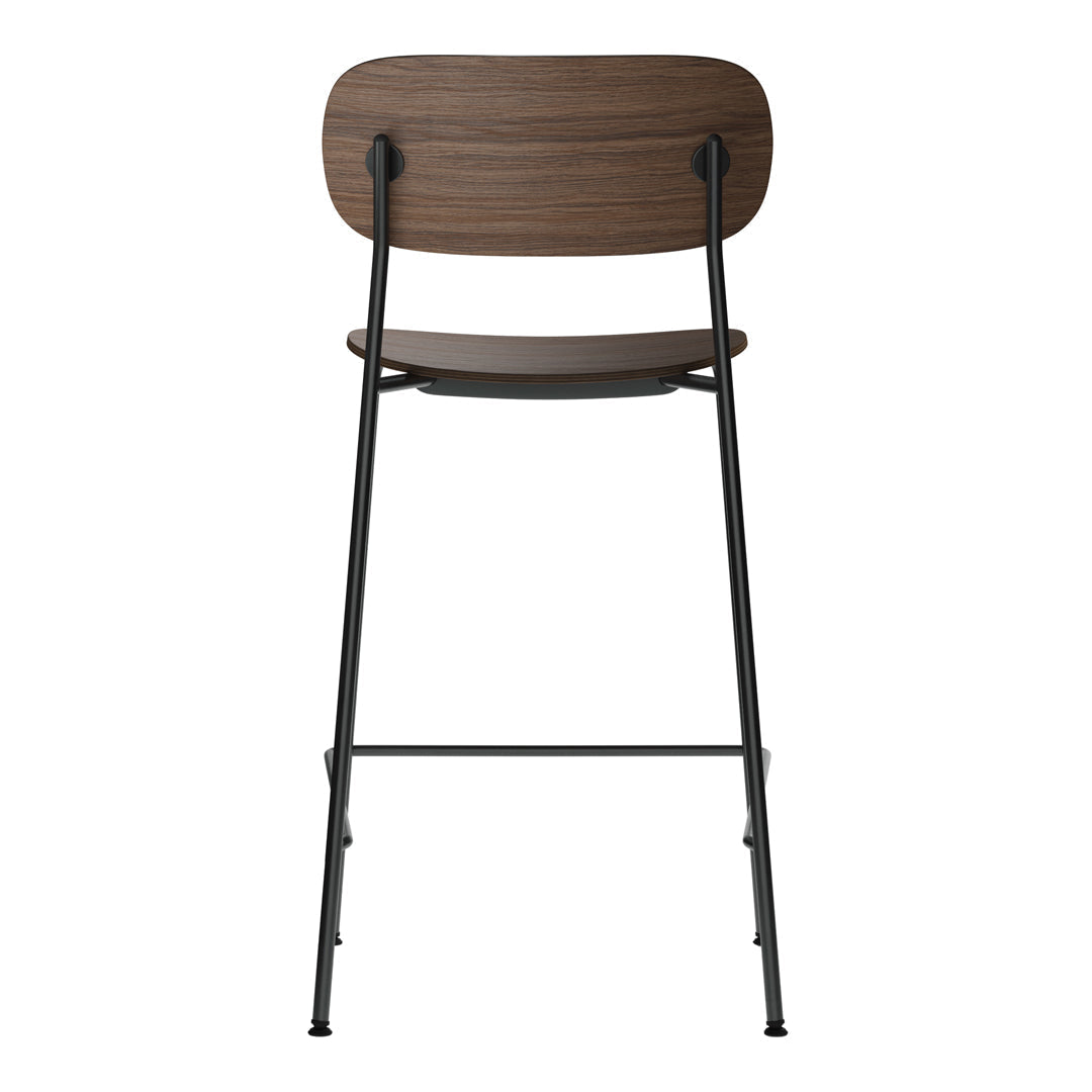 Brown wooden backrest bar stool with black metal legs, featuring a sleek, minimalist design. Perfect for modern decor.