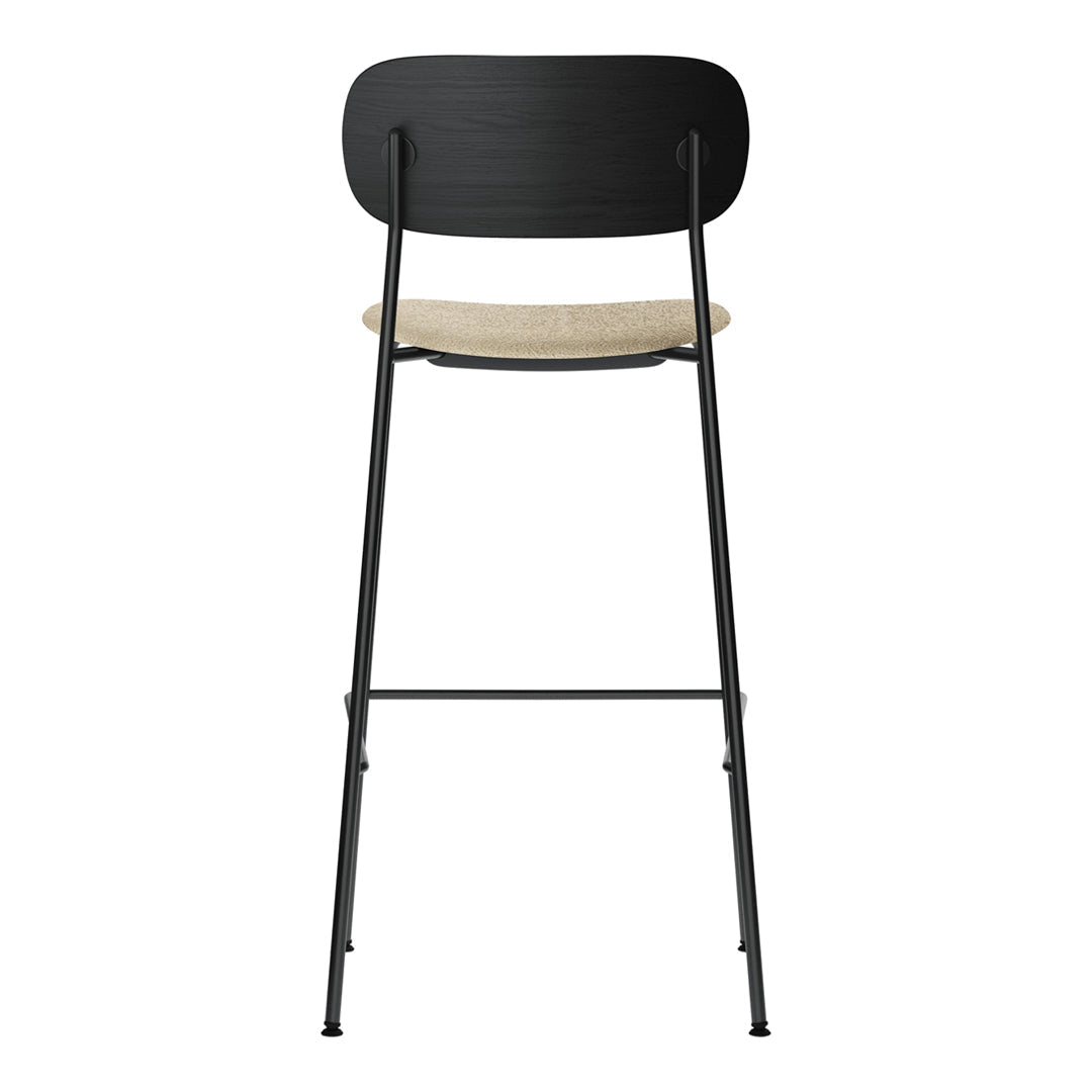 Black metal chair with a natural wood seat, featuring a sleek minimalist design and clean lines.