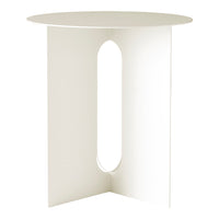 White round table with a minimalist design and an oval cutout, perfect for modern decor.