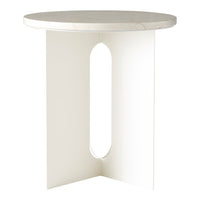 White round side table with a sleek, modern design featuring a cutout pattern in the base for added visual interest.