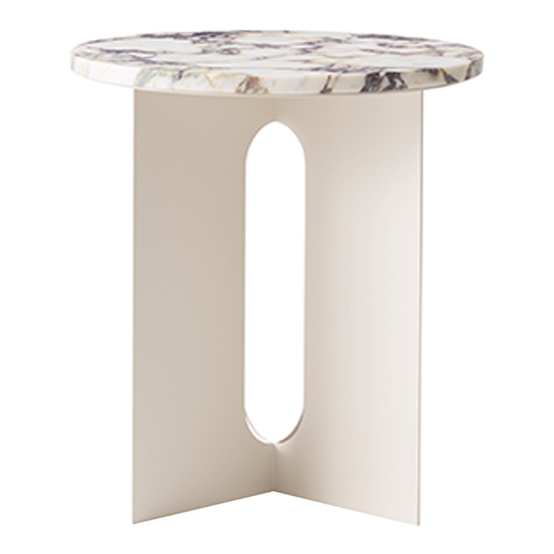 Round tabletop with a multi-colored marbled pattern, supported by a white minimalist base.