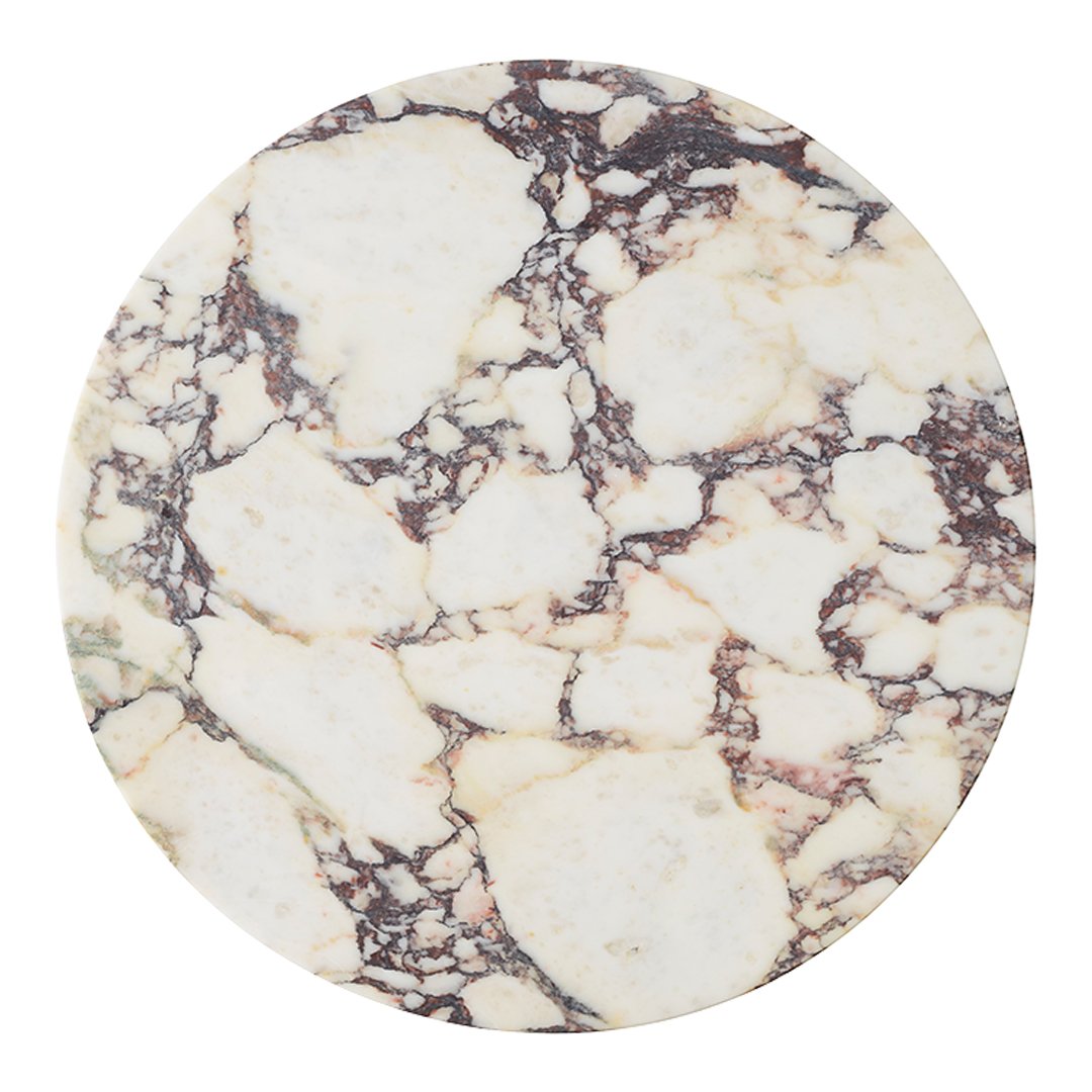 Round marble surface featuring creamy white and deep brown veining patterns. Elegant and timeless design.