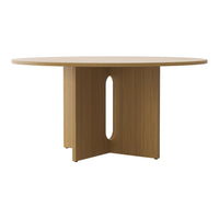 Round wooden dining table with a light natural finish and a unique cutout pattern on the base for modern elegance.