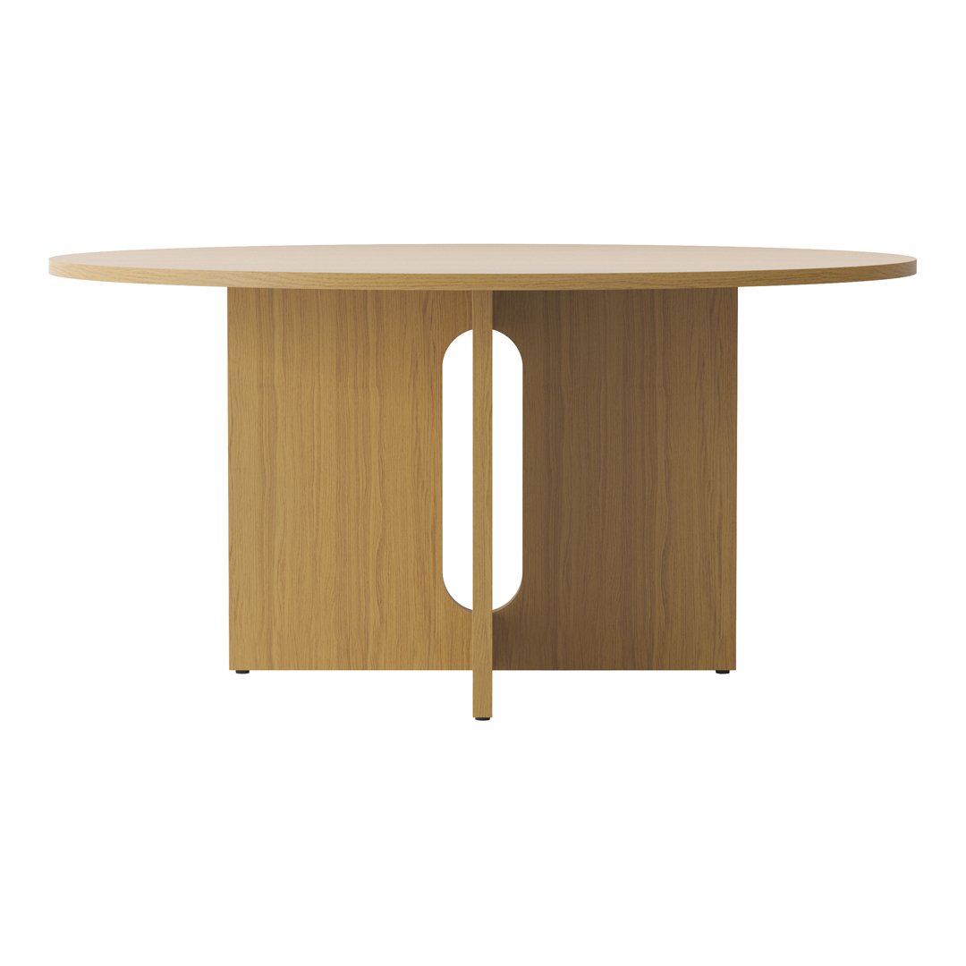 Round wooden dining table with a light oak finish and a simple, modern design featuring an oval cutout in the base.