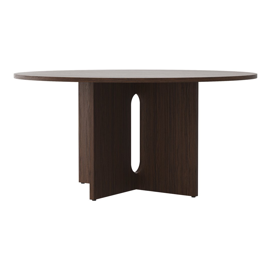 Round brown dining table with a sleek, modern design and a unique cutout pattern on the base.