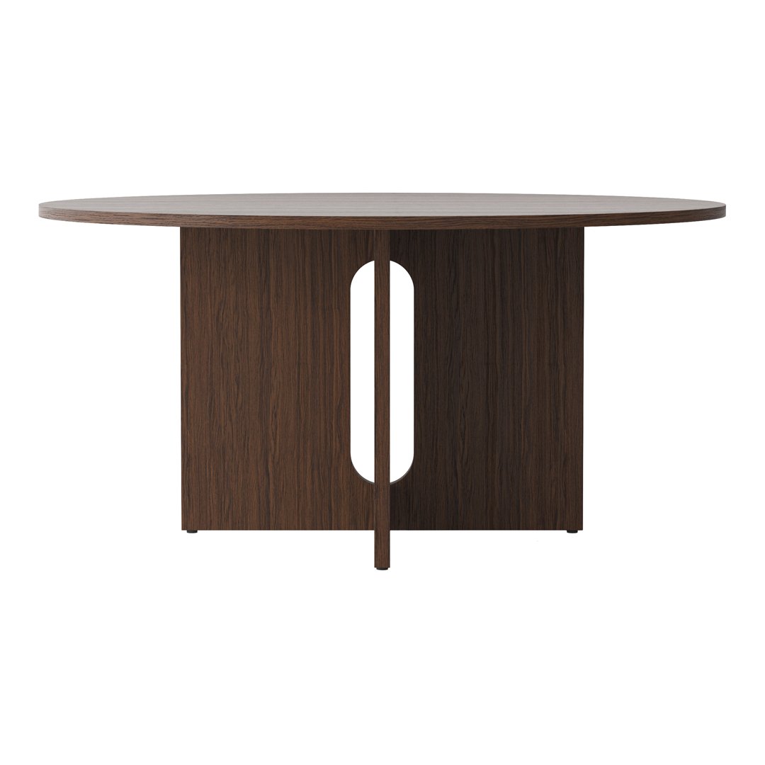 Round wooden table featuring a warm brown finish and minimalist design with a unique cut-out pattern.