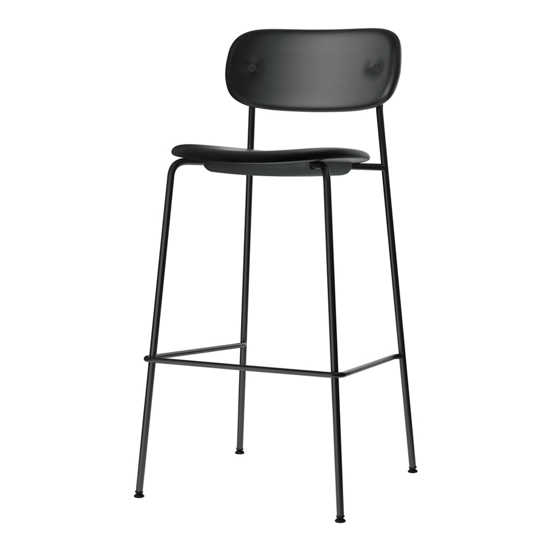 Sleek black bar stool with a minimalist design, featuring smooth curves and a solid metal frame.