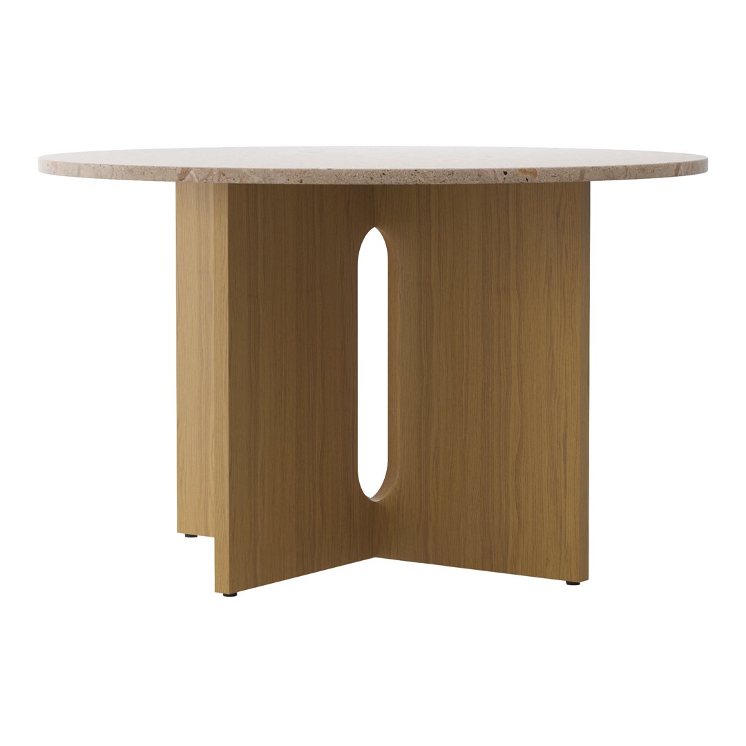 Round table with a natural wood base and a light beige top, featuring a minimalist design. Ideal for modern decor.
