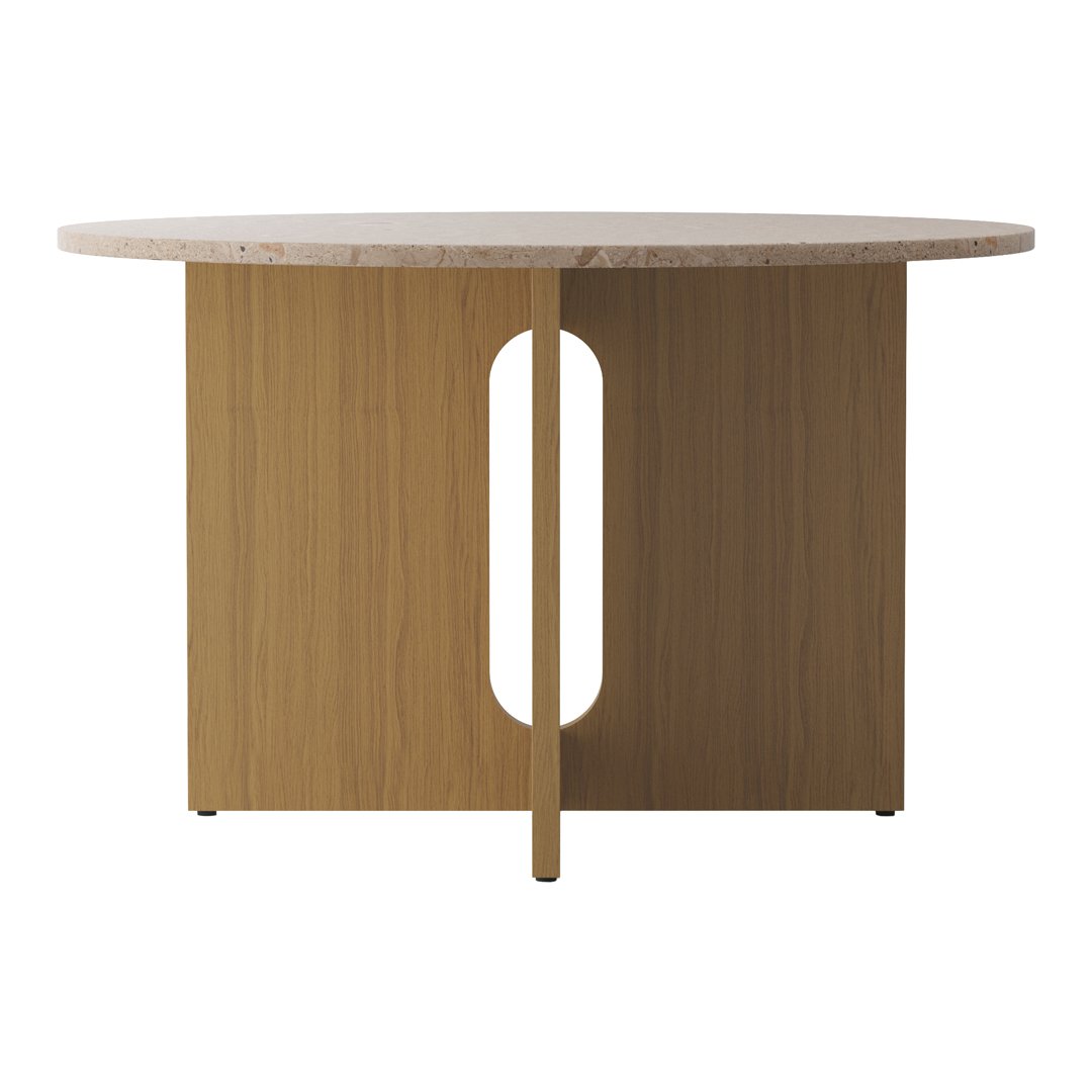 Round wooden table with a light wood grain finish and a subtle beige stone top, featuring a geometric cutout design.