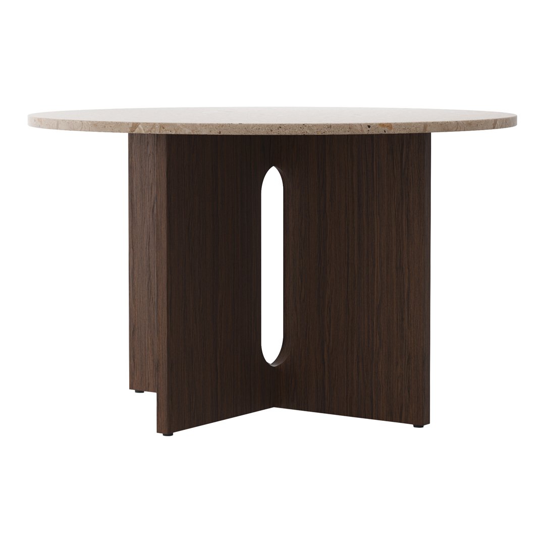 Round table featuring a light stone top and dark wood base with a modern cutout design. Elegant and sleek finish.