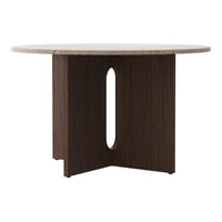Round table featuring a light stone top and dark wood base with a modern cutout design. Elegant and sleek finish.
