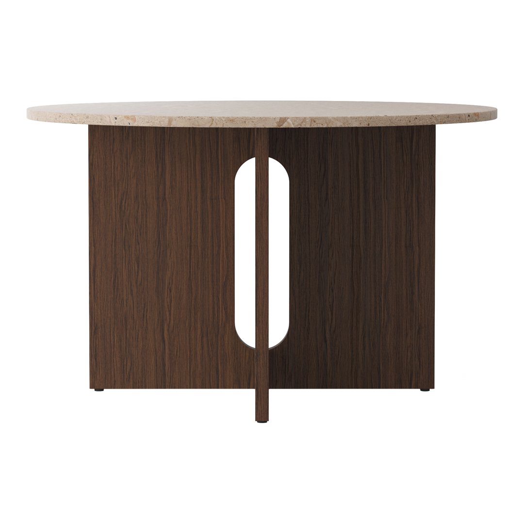 Round dining table with a light marble top and dark wood base featuring a unique cutout design. Elegant and modern.