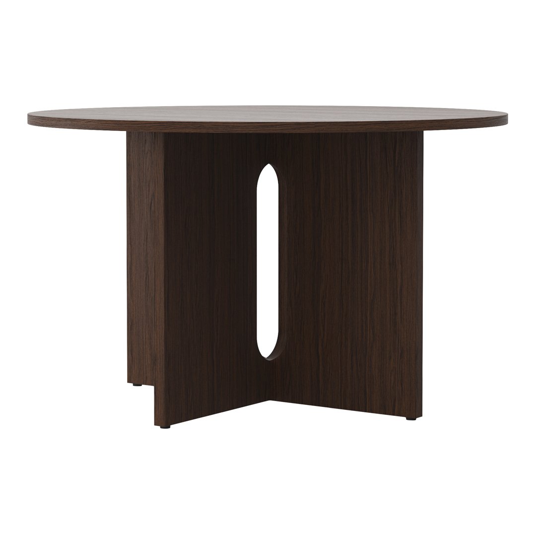 Round table with a dark brown finish and minimalistic design featuring a unique cutout pattern on the base.