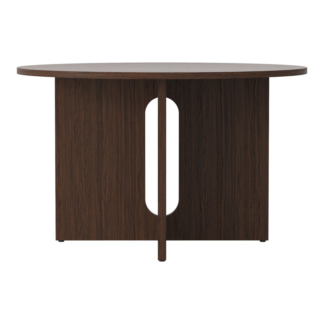Round wood table in rich brown finish with sleek, vertical grain pattern and modern cut-out design.