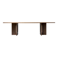 Modern solid wood table in rich brown tones with sleek, minimalist design and smooth surface. Perfect for any dining space.