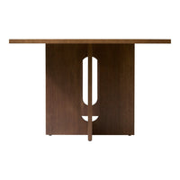 Brown wooden console table with a minimalist design featuring a central cut-out pattern.
