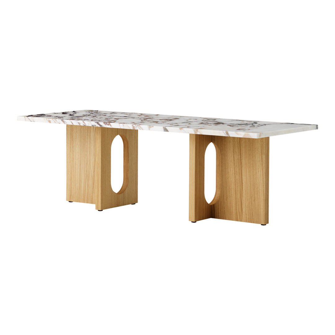 Marble-patterned table top with beige and white hues, paired with natural wood legs in light oak finish.