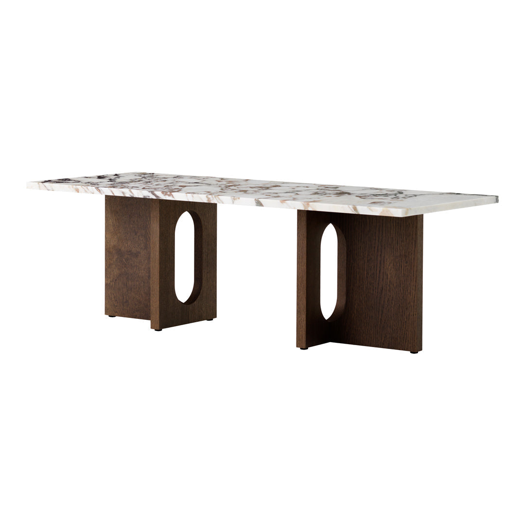 Modern console table featuring a white marble top with gray veining and dark wood base for a chic contrast.