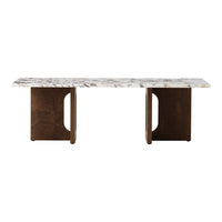 Marble tabletop with cream and gray veining, contrasting with dark brown wooden legs, featuring minimalistic design.