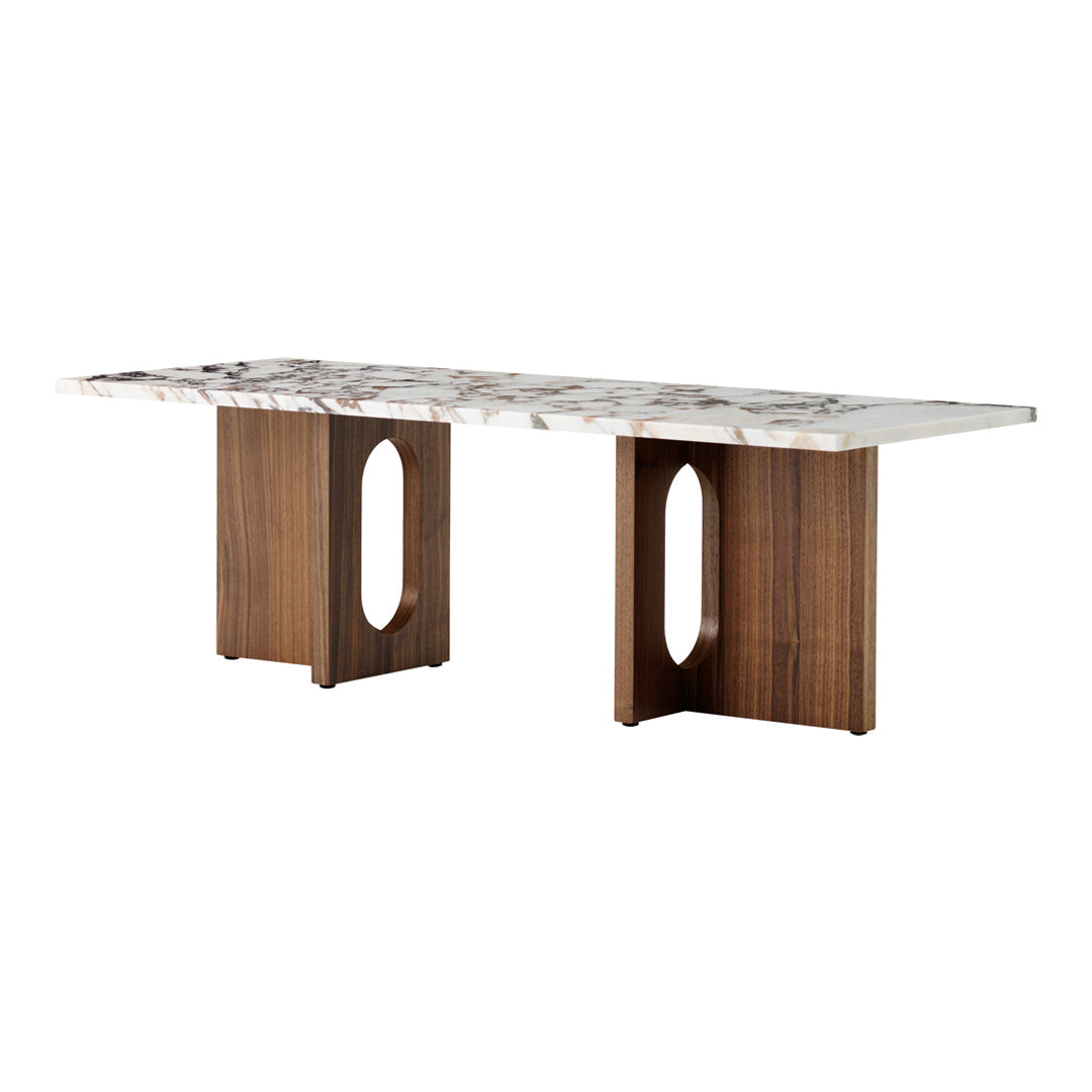 Modern console table featuring a white marble top with grey veining and rich walnut-stained wood legs. Stylish geometric design.