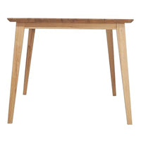 Natural wood dining table with a light oak finish and a warm walnut tabletop, showcasing simple, clean lines.