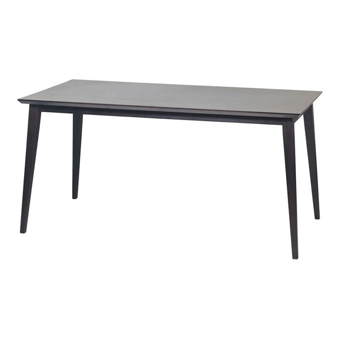 Dark wood dining table with a sleek, smooth surface and tapered legs, featuring a minimalistic design and rich brown color.