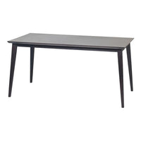 Dark wood dining table with a sleek, smooth surface and tapered legs, featuring a minimalistic design and rich brown color.
